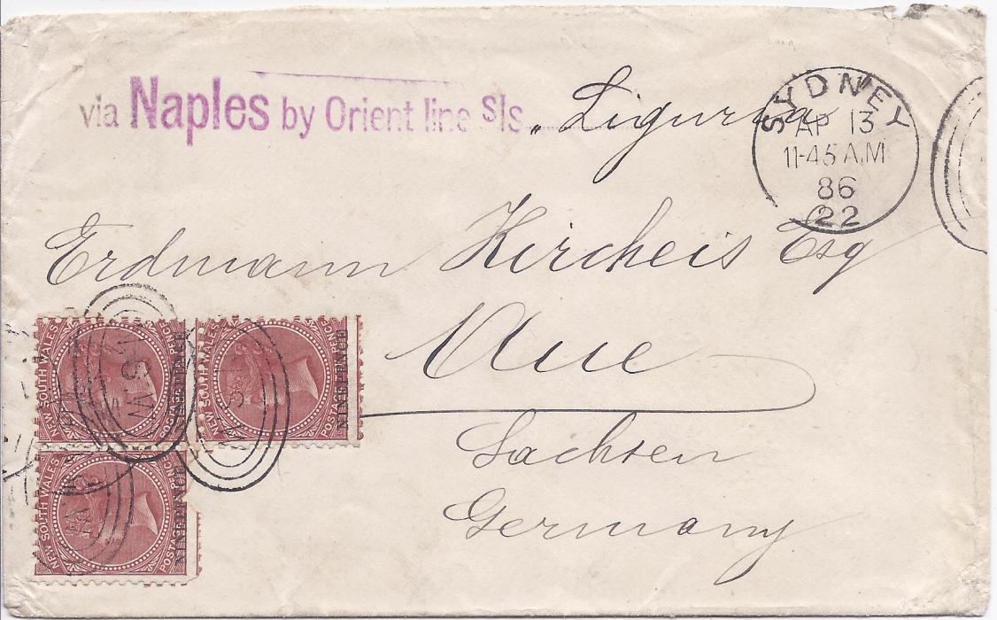 Australia (New South Wales) 1886 cover to Germany franked irregular block of three Nine Pence on 10d., perf 11,  cancelled NSW Sydney duplexes, arrival backstamp. Envelope with handstamped endorsement via Naples by Orient Line S/S. Stamp at left with fault at base.
