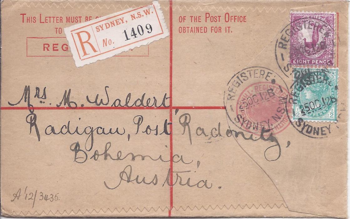 Australia (New South Wales) 1912 3d. registration envelope, uprated d. and 8d. (Lyrebird) from Sydney to Austria, Radonitz arrival backstamp; fine condition.
