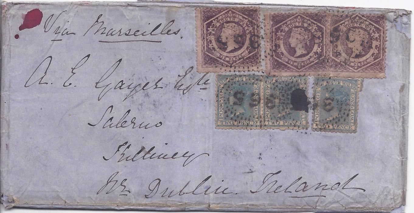 Australia (New South Wales) 1863 large outer letter sheet to Dublin, Ireland franked three 2d. and three 6d. with 365 numeral cancels, reverse with Jerilderie despatch, Sydney transit, Kingstown arrival.
