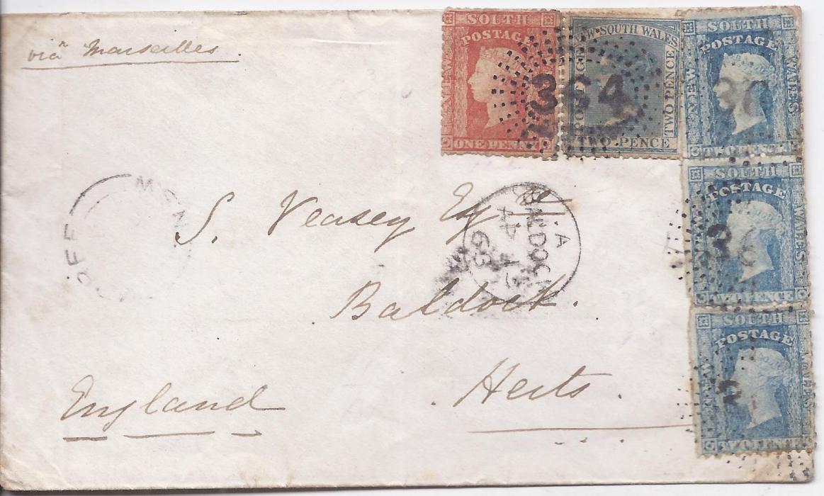 Australia (New South Wales) 1868 cover to England franked 1860-72 1d. and 2d. (3) plus later 1862-69 2d., tied 364 numeral cancels, reverse with various transits and front with Baldock arrival cds; an unusual mixed franking