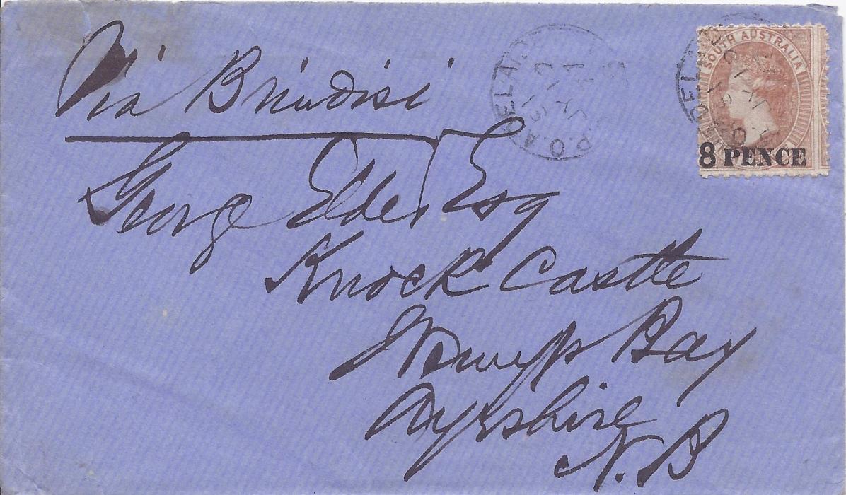 Australia (South) 1877 cover to Scotland with single franking surcharged 8 Pence on 9d tied Adelaide cds, Greenock arrival backstamp; fine and clean condition.