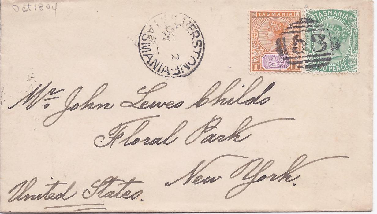 Australia (Tasmania) 1894 cover to New York franked d. and 2d. tied 53 numeral cancel with Ulverstone cds to left, reverse with Launceston transit and New York arrivals.
