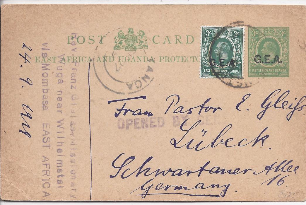 Tanganiyka (British Occupation of German East Africa) 1919 3c. postal stationery card, uprated 3c. to Germany with unclear despatch cds, Tanga transit alongside, senders address as Wuga, near Wilhelmstal, straight-line OPENED BY CENSOR at centre. The message starts “We are sorry that we got no letter from you for many days, so I write again in English…”