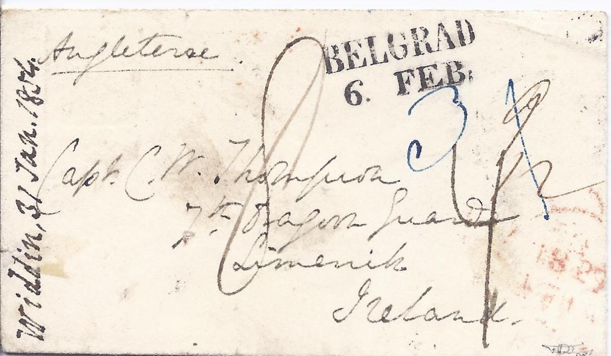 Austrian Levant 1854 cover to Limerick, Ireland, carried privately from Widdin, Bulgaria and put into the Austrian Post Office at Belgrade, Serbia, with two-line Belgrad date stamp, various manuscript markings on front, reverse with Semlin transit, London and Liverpool transits and Limerick arrival cds. Disinfected at Semlin with good strike, albeit overstruck with Netto Di Fuora E Sporco Di Dentro.Fine and rare cover, F. Puschmann certificate.