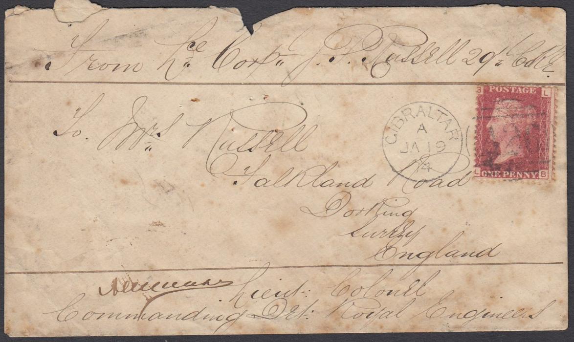 GIBRALTAR (Soldiers Letter) 1874 (JA 19) cover to England franked Great Britain 1d red, LB, pl.167, tied A26 duplex with senders details at top and, at bottom, signature and details of Royal Engineers Officer, Dorking arrival backstamp; some slight faults and staining.