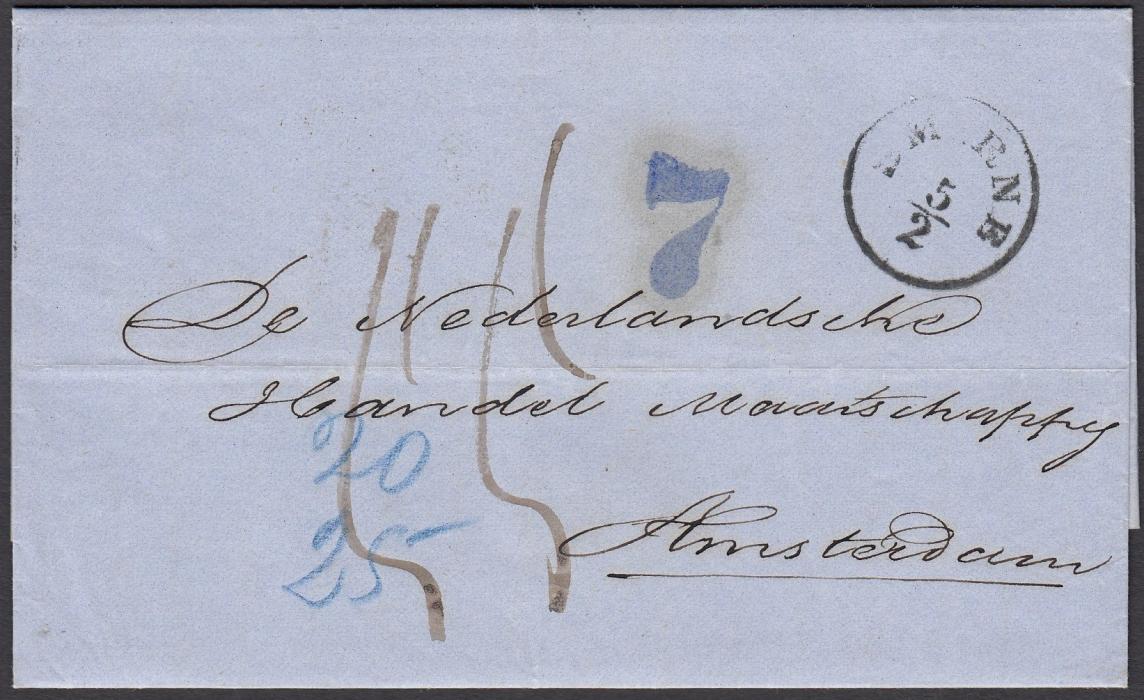 AUSTRIAN LEVANT 1857 and 1864 entires to Amsterdam, each bearing SMIRNE despatch cds and manuscript rate markings, both with accountancy handstamps, the earlier with 7 and the later 6, the earlier entire with LEIPZIG MAGDER TPO, both with red arrivals.