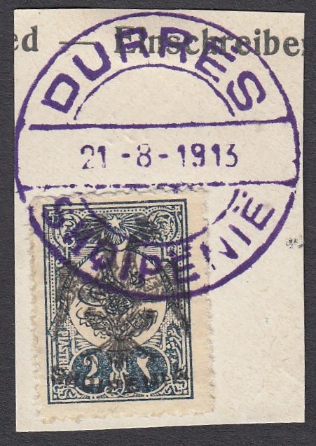 ALBANIA 1913 Double Headed Eagle Overprints, 2pi blue-black, on piece neatly cancelled with full strike of violet DURRES 21.8.1913 cds, signed Dr. Rommerskirchen BPP (Scott 8).