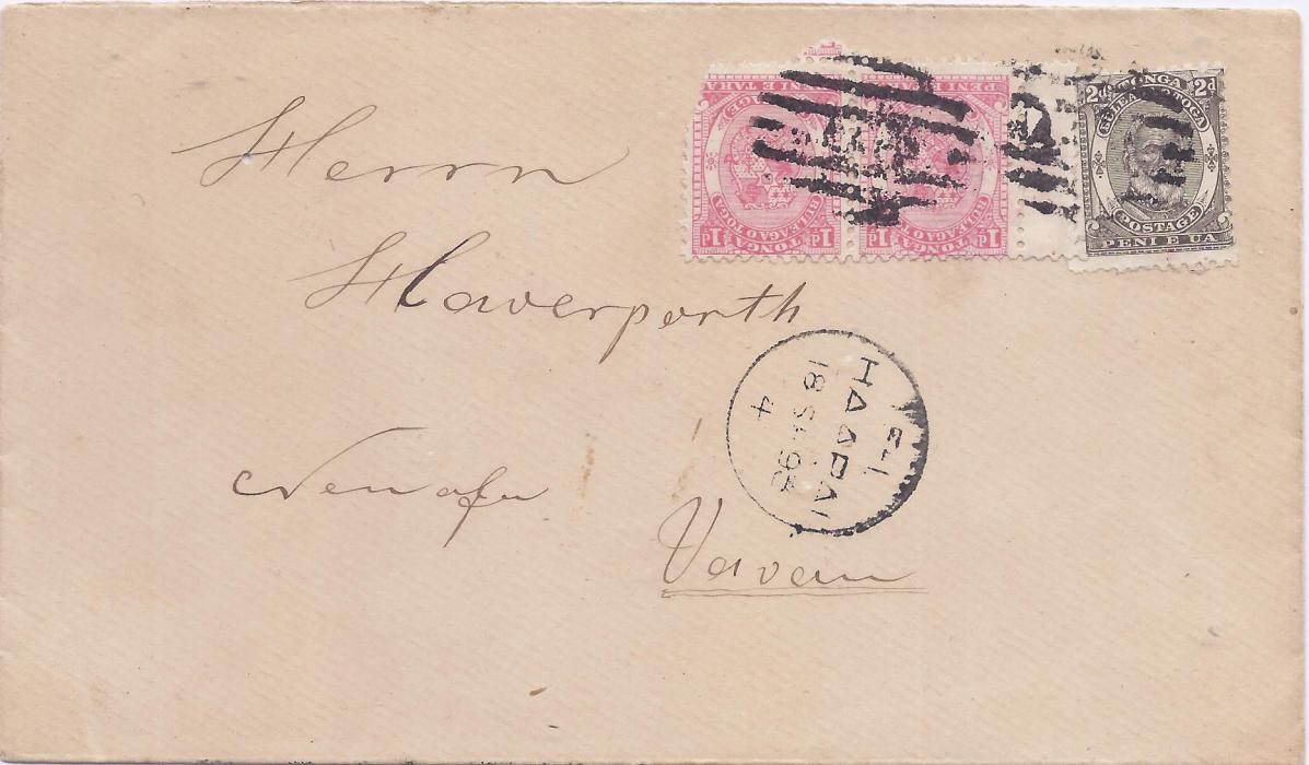 Tonga 1893 (18 SP) inter-island mail from the Haverporth correspondence with a pair of the 1d. from left-hand pane with adjoining central gutter and single 2d. from the 1892 issue, cancelled with Haapai  seven bar oval with cds below. One 1d. with a rounded corner and small worm hole at left of envelope.