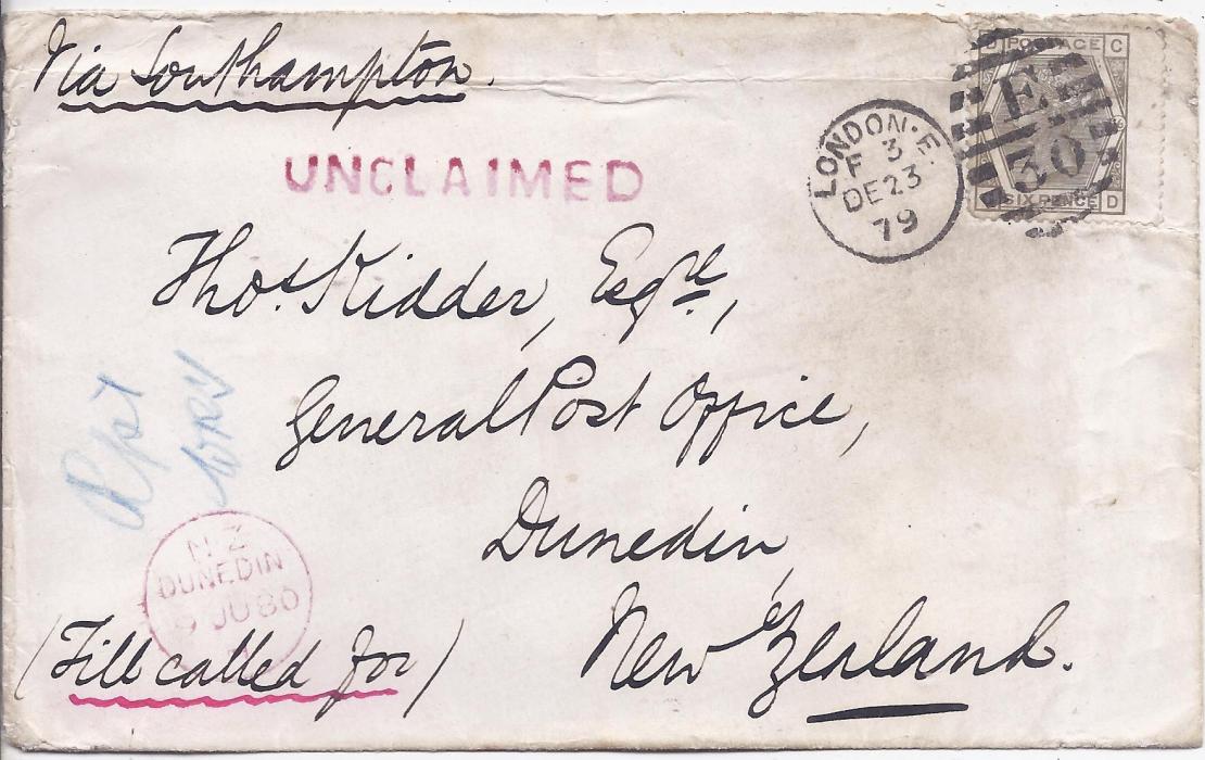 New Zealand Incoming cover from London on DE 23/ 79 franked wing marginal 6d. gray, addressed to Dunedin and endorsed “Till called for”, arrival backstamp of 24 FE 80, UNCLAIMED straight-line handstamp and cds of same colour dated 9 JU and sent to Dead Letter Office at Wellington arriving JU 19 80. Some creasing at top affecting the stamp but still attractive.