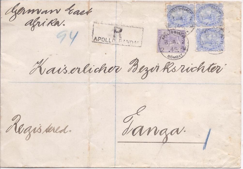 India circa 1900 cover from Bombay to Regional Judge at Tanga, German East Africa franked 2a. violet and three 2½a blue cancelled Apollo Bandar cds with registration handstamp to left, reverse with blue scallop seal of German Consulate and arrival cds; vertical filing crease clear of stamps.