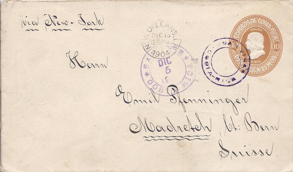 Costa Rica 1904 10c. postal stationery envelope to Magretsch, Switzerland with double-ring Juan Vinas handstamp, San Jose transit and New Orleans transit to left, arrival backstamp.