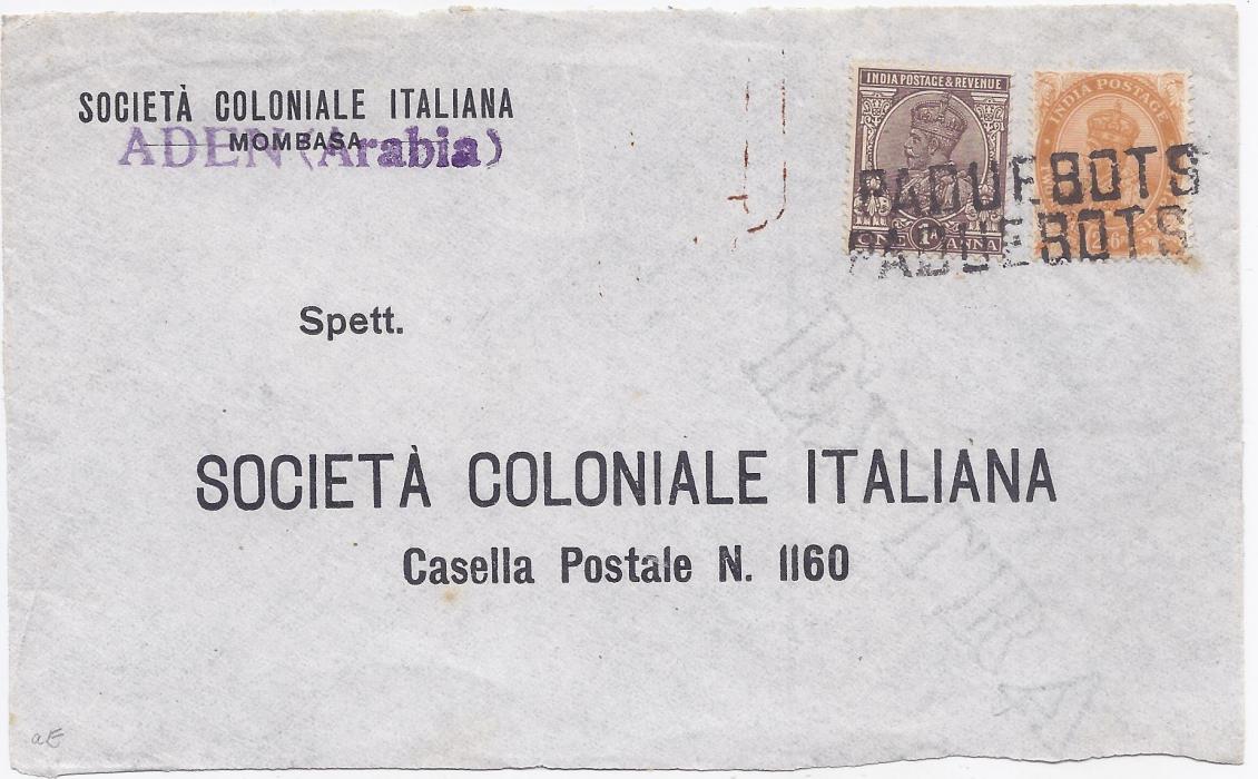 Aden Undated printed cover front to Italy franked India KGV 1a. and 2a.6p. tied by two straight-line PAQUEBOTS handstamps.