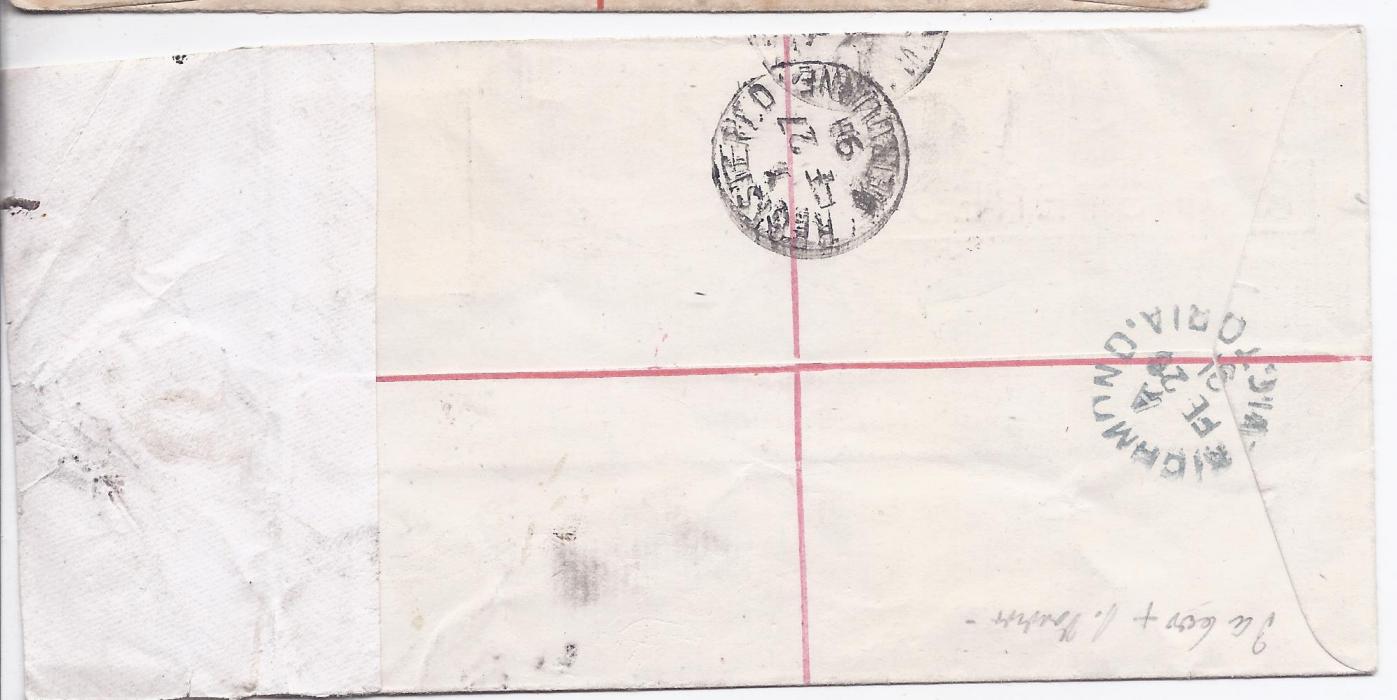Australia Victoria 1891 4d. registration envelope that has been uprated to Richmond with 1d. postal stationery cut out cancelled ovl despatch cds, the stamp image with pen cancel.