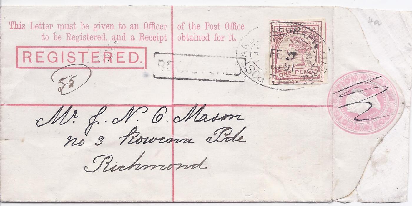 Australia Victoria 1891 4d. registration envelope that has been uprated to Richmond with 1d. postal stationery cut out cancelled ovl despatch cds, the stamp image with pen cancel.