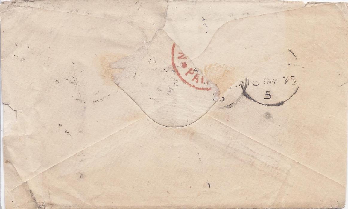 Australia  (Victoria) 1875 cover from St Kilda to Manchester franked three 2d and a 6d. tied numeral duplex cancels, on arrival at Manchester envelope re-directed to New York and additionally franked 6d. gray, plate 14 tied Manchester duplex; small part of backflap missing resulting in only small part of arrival cancel surviving, bottom right front corner missing and opened out for display.