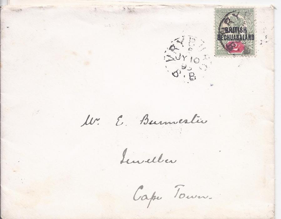 Bechuanaland 1893 cover to Cape Town franked Great Britain overprinted 2d. tied Vryburg cds, arrival backstamp, envelope printed ‘Vryburg Club’, with content letter.