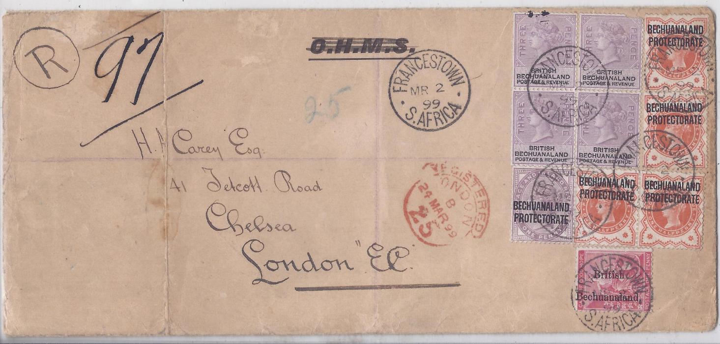 Bechuanaland 1899  legal size registered cover to London bearing mixed issue franking of 1888 3d. (4), 1893 1d. Cape of Good Hope overprint and Protectorate 1897 ½d. (4), tied Francestown cds, hooded London cds at centre; vertical crease at left.