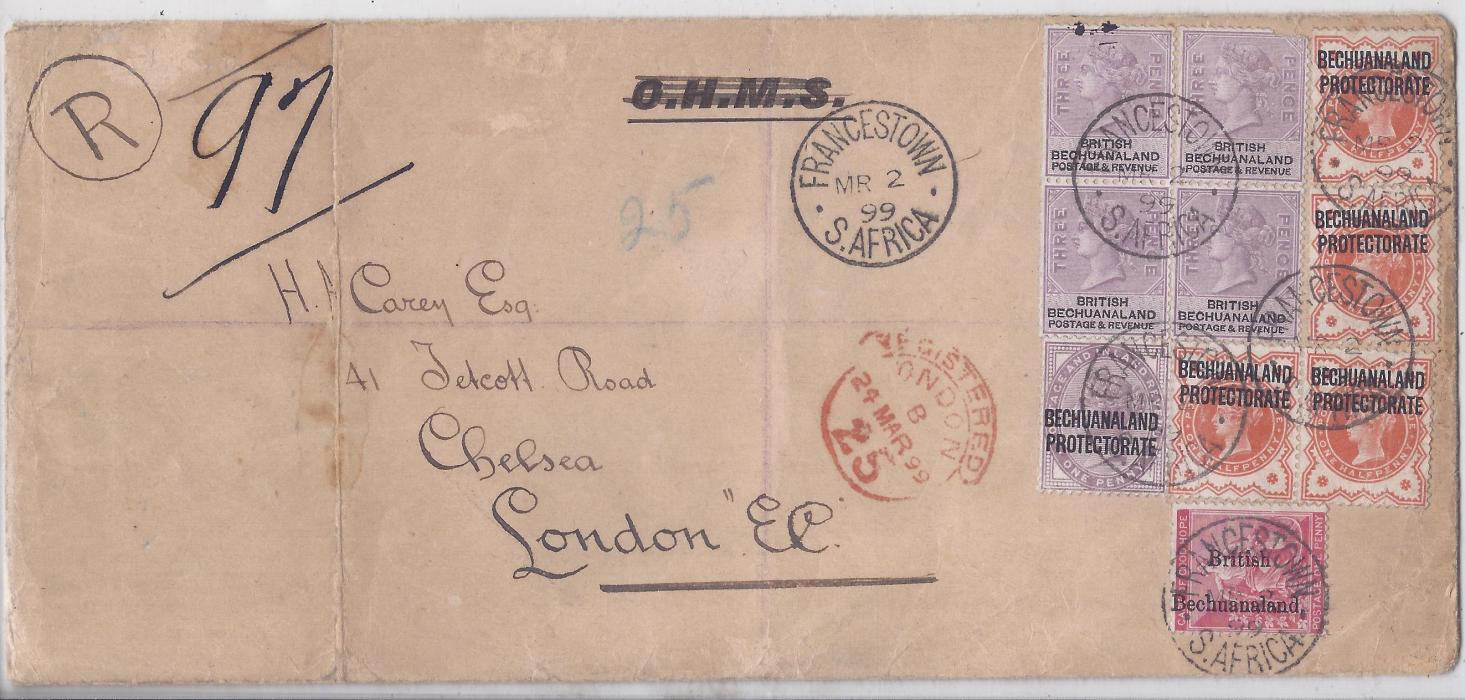 Bechuanaland 1899  legal size registered cover to London bearing mixed issue franking of 1888 3d. (4), 1893 1d. Cape of Good Hope overprint and Protectorate 1897 ½d. (4), tied Francestown cds, hooded London cds at centre; vertical crease at left.