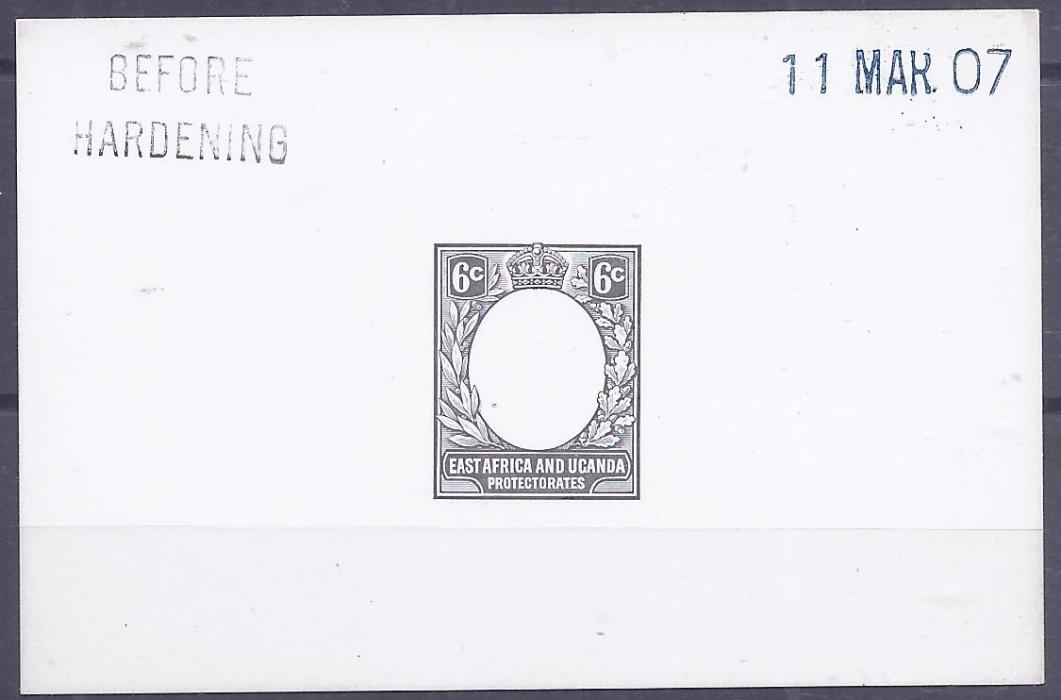 British East Africa 1907 6c De La Rue die proof in black on glazed card, 92 x 60mm, Before Hardening and dated 11 MAR 07