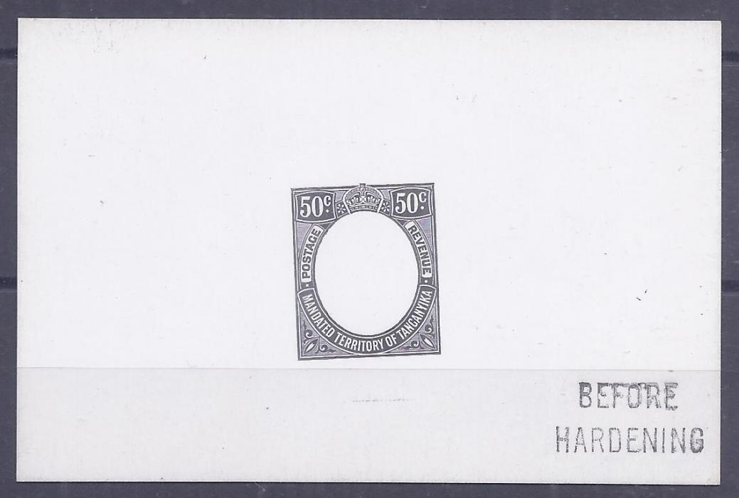 Tanganyika 1927-31 50c. frame die proof on card marked BEFORE HARDENING
