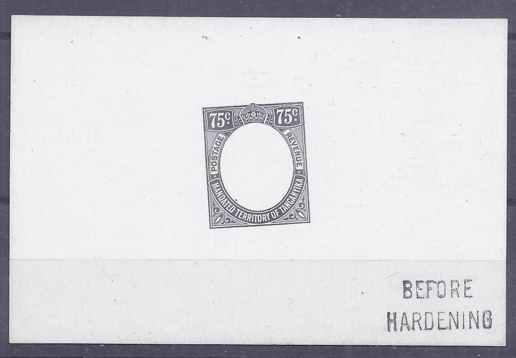 Tanganyika 1927 75c De La Rue die proof on card, Before Hardening handstamp, fine