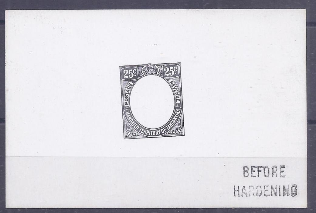 Tanganyika 1927 25c De La Rue die proof on card, Before Hardening handstamp, fine