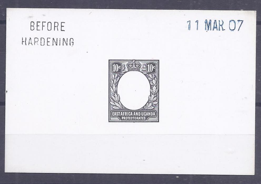 British East Africa 1907 10c De La Rue frame die proof in black on glazed card, Before Hardening and date handstamps, fine