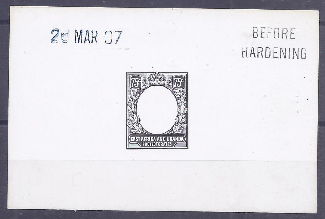 British East Africa 1907 75c De La Rue frame die proof in black on glazed card, Before Hardening and date handstamps, fine