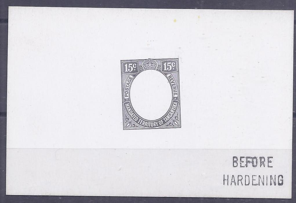 Tanganiyka 1927 15c De La Rue frame die proof in black on glazed card, Before Hardening handstamp, fine