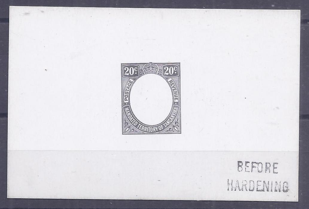 Tanganiyka 1927 20c De La Rue frame die proof in black on glazed card, Before Hardening handstamp, fine