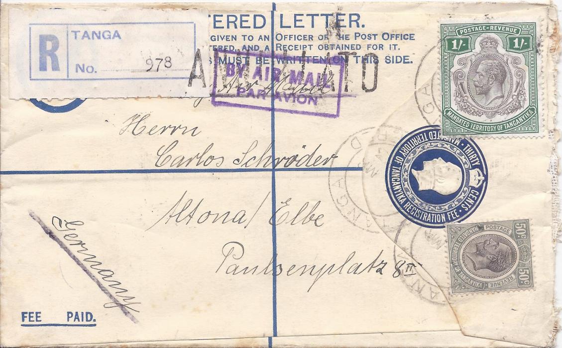 Tanganiyka 1933 30c. postal stationery registration envelope uprated 50c. and 1/- and sent airmail to Germany from Tanga, airmail handstamp at top has been handstamped ‘ANNULATO’ at Brindisi on transit, reverse with Moshi transit, Brindisi transit and Italian t.p.o. and Altona  arrival cds.