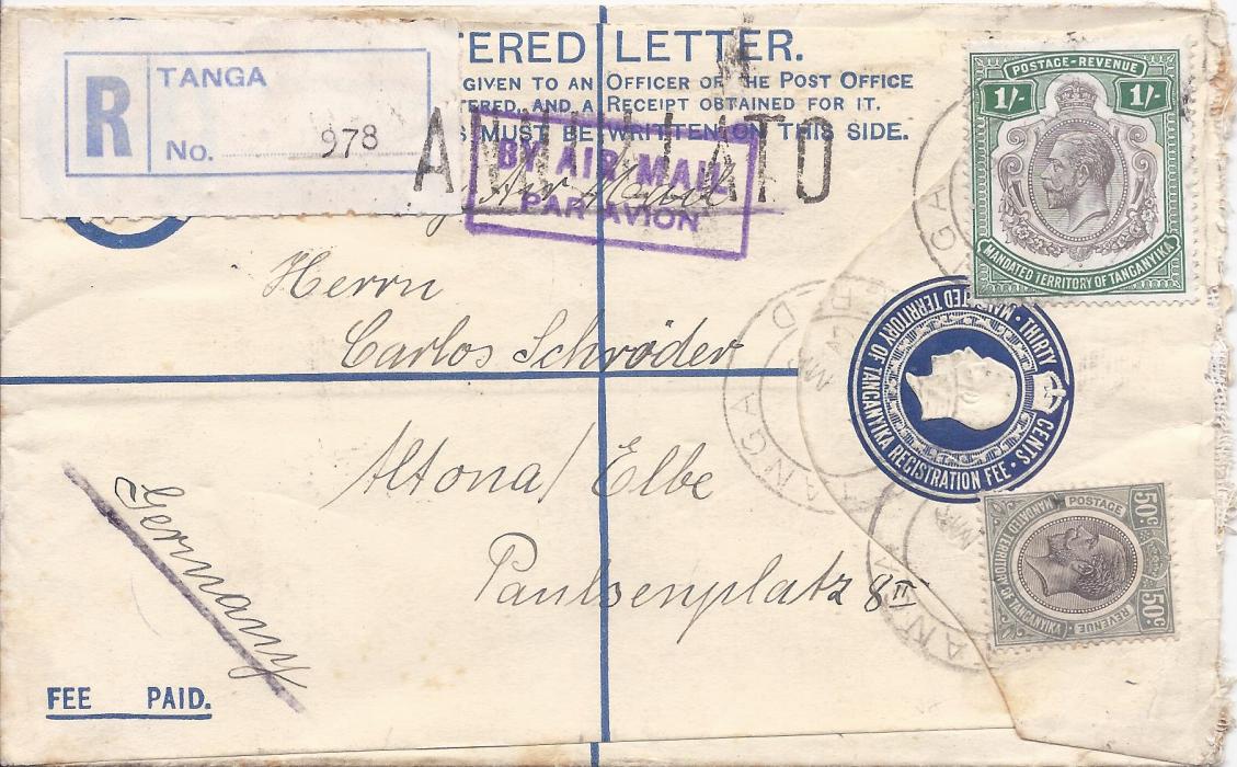 Tanganiyka 1933 30c. postal stationery registration envelope uprated 50c. and 1/- and sent airmail to Germany from Tanga, airmail handstamp at top has been handstamped ‘ANNULATO’ at Brindisi on transit, reverse with Moshi transit, Brindisi transit and Italian t.p.o. and Altona  arrival cds.