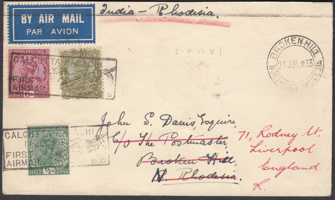 INDIA 1933 (1 JLY) air mail cover to Broken Hill, N. Rhodesia franked ½a., 4a. and 8a. tied by framed 