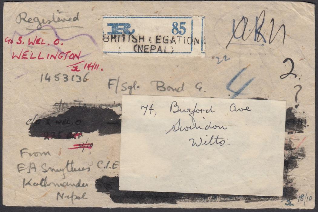 NEPAL 1945 registered envelope to Swindon franked ½a. + 4a. tied by 