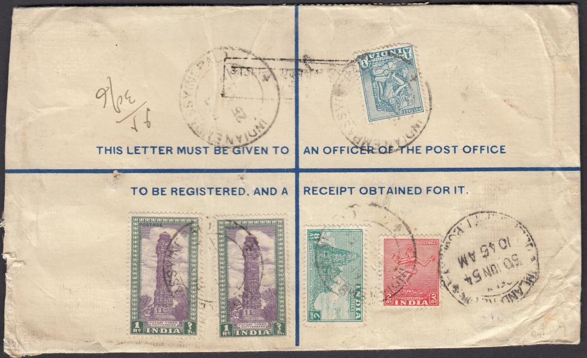 INDIA (Post Offices in Nepal) 1954 registered postal stationery envelope to Bombay additionally franked on reverse with 1a., 2a., 8a. and 2 x 1r. tied 