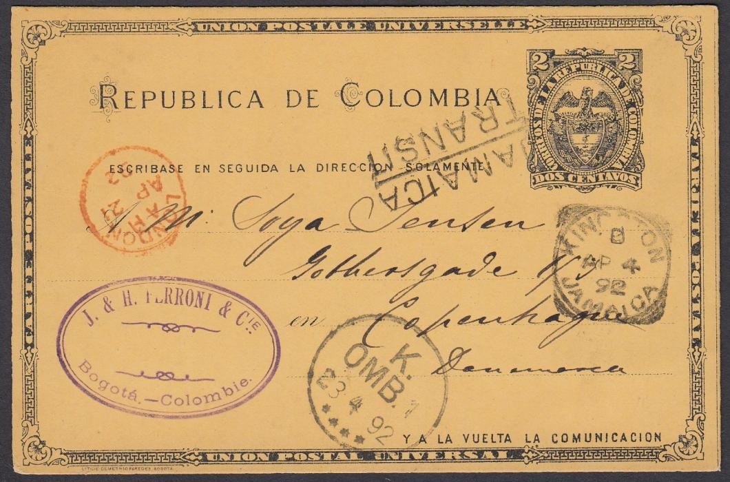 JAMAICA 1892 2c postal stationery card of Colombia sent from Bogota to Denmark and bearing squared-circle 