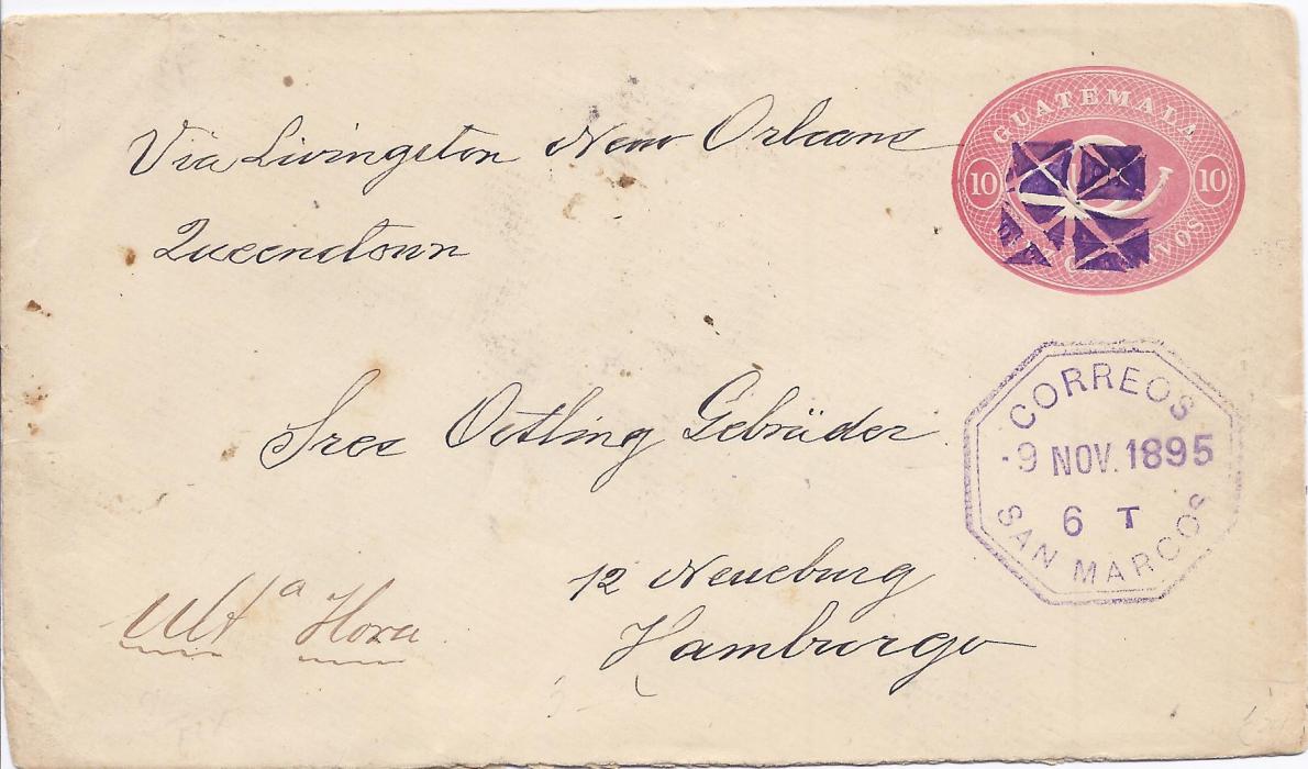 Guatemala 1895 10c. posthorn stationery envelope to Hamburg, Germany, endorsed 