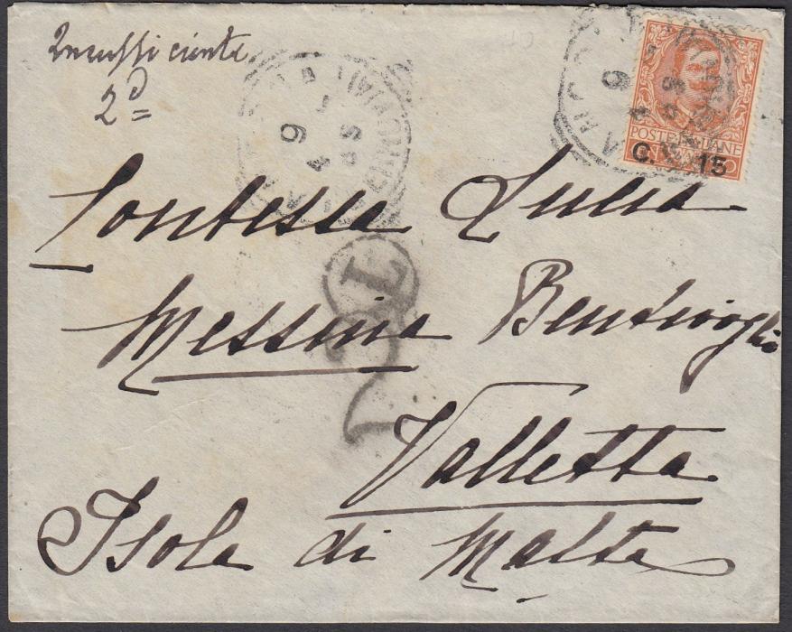 MALTA (Postage Due) 1906 under-franked cover from Ancona, Italy, bearing manuscript 