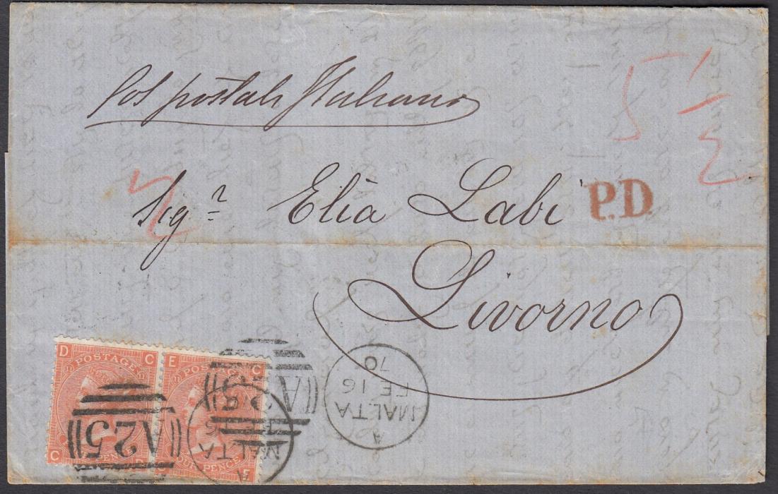 MALTA 1870 entire to Livorno, Italy franked pair 4d vermilion, CD-CE, pl.11, tied MALTA/Code A/A25 duplex, red unframed 