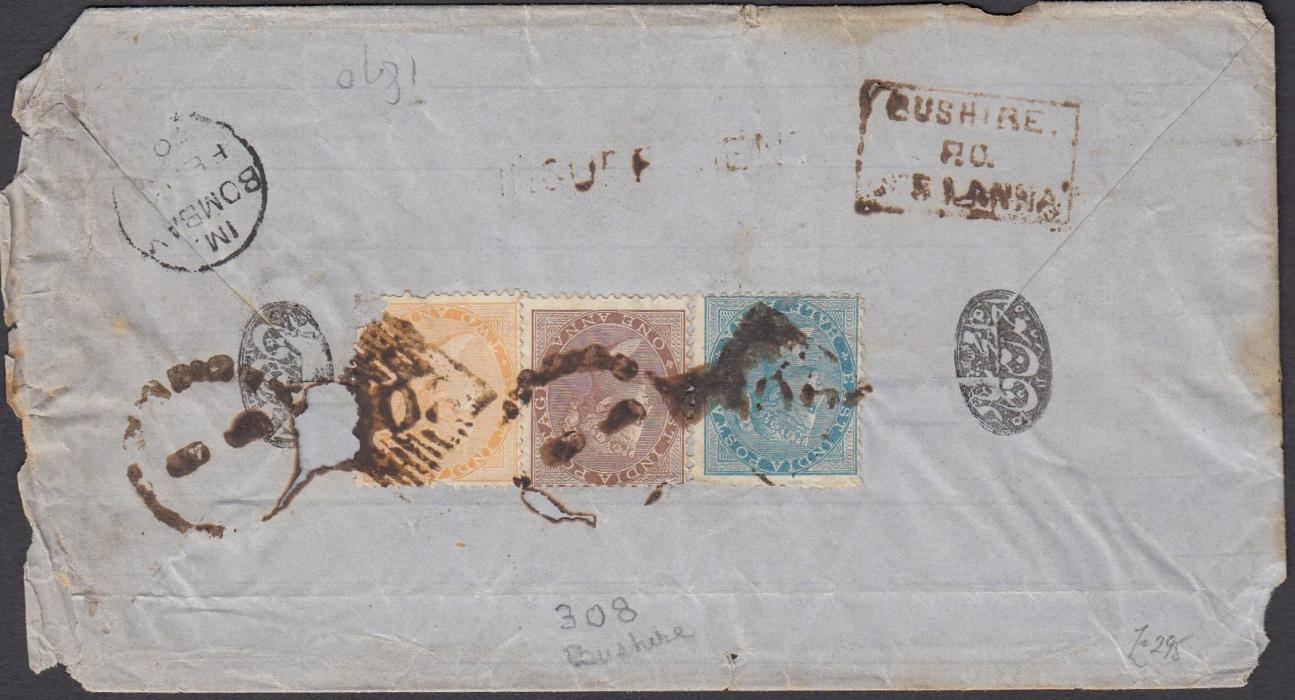 INDIA (USED ABROAD) 1860s cover to Bombay franked on reverse by ½a, 1a and a damaged 2a, cancelled by 308 BUSHIRE duplex, slightly unclear 