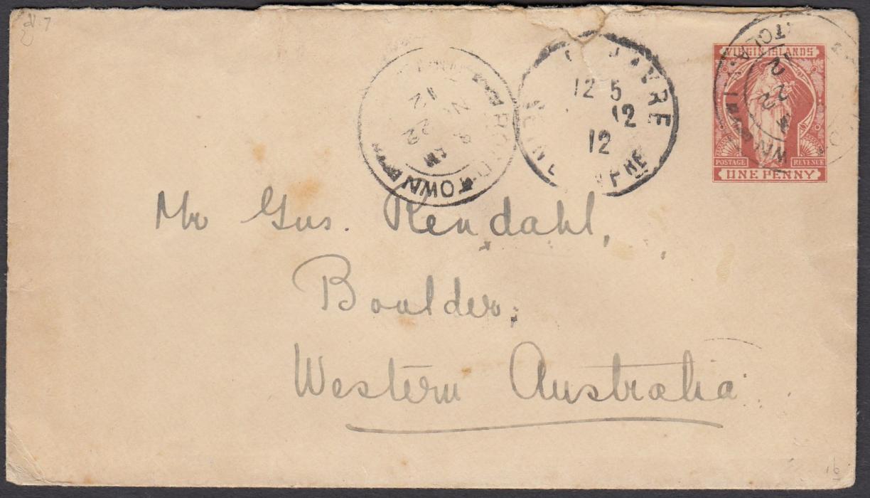 VIRGIN ISLANDS 1912 1d postal stationery envelope to BOULDER, WESTERN AUSTRALIA, cancelled Road Town cds with Le Havre transit alongside, reverse with St Thomas transit cds; small fault at top of envelope. A most unusual destination.