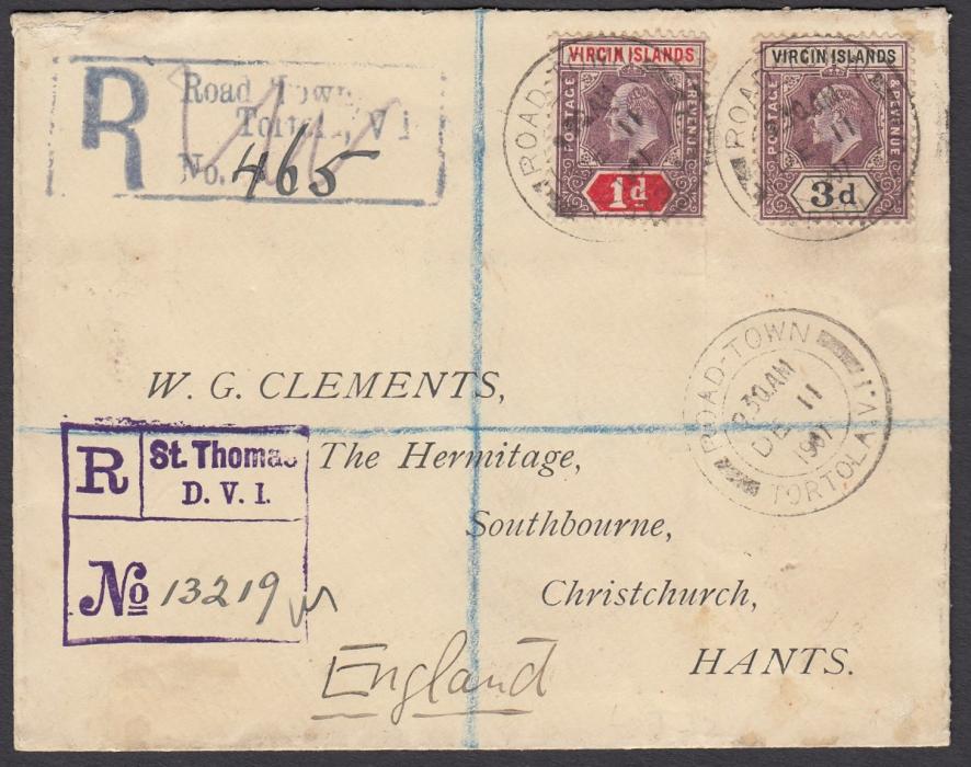 VIRGIN ISLANDS 1907 registered cover to Christchurch, Hants, England, franked KEVII 1d and 3d tied by Road Town/Tortola date stamp, local registration handstamp and violet St Thomas/D.W.I. transit registration handstamp; reverse with St Thomas transit and London transit cds.