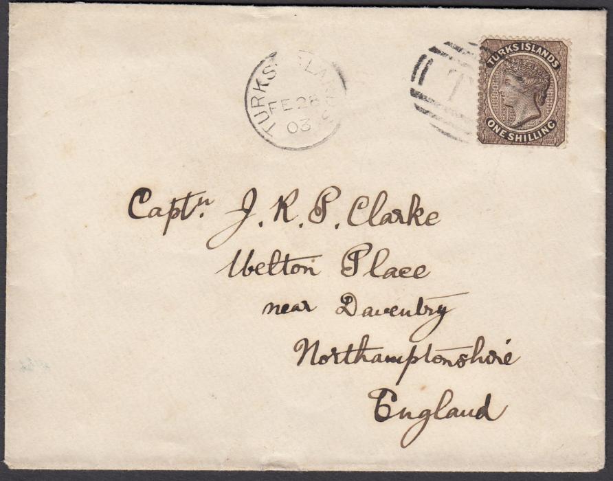 TURKS ISLANDS 1903 cover to England bearing single franking 1s tied TIobliterator with Turks Islands cds in association; arrival backstamp. Fine clean condition.