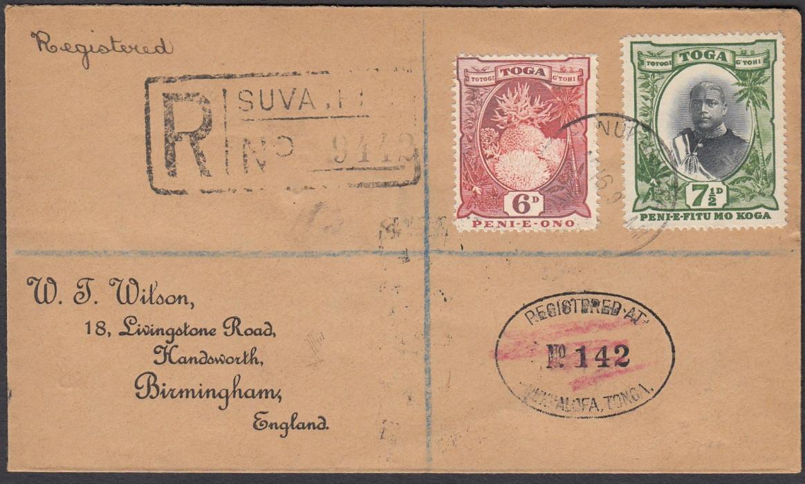 TONGA 1916 registered Wilson envelope franked 6d and 7½d tied Nukualofa cds with registration handstamp below, also bearing Suva Fiji registration handstamp at left, reverse with transit and arrival backstamps; good condition.