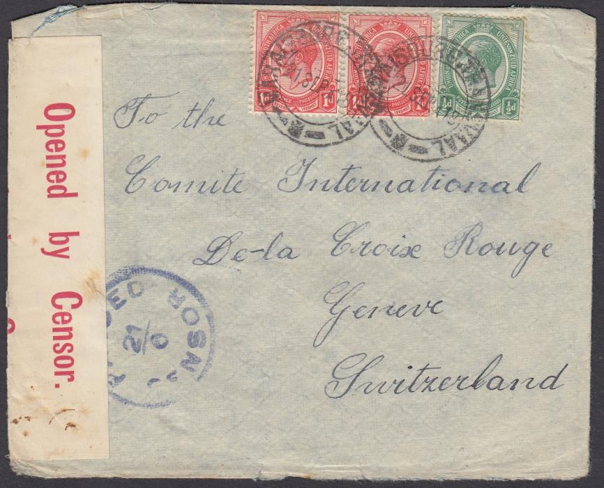 SOUTH AFRICA 1918 censored envelope to the Red Cross at Geneva, Switzerland, franked KGV ½d and 1d (2) tied MARAISBURG-TRANSVAAL cds. Written b;y German POW on parole at Maraisburg.