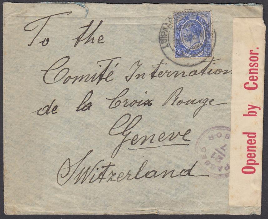 SOUTH AFRICA 1918 censored envelope to the Red Cross at Geneva, Switzerland, franked KGV 2½d tied LUIPAARDS-TRANSVAAL cds. Written by German POW on parole at Maraisburg.