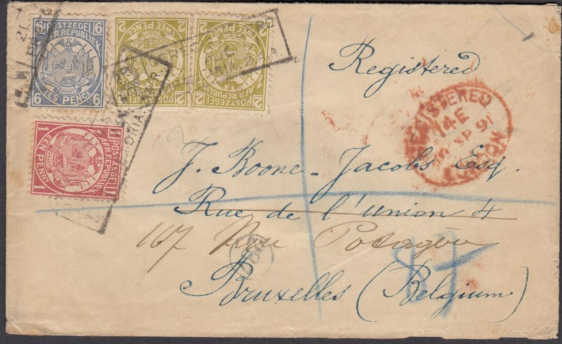 SOUTH AFRICA (Transvaal) 1891 registered cover to Belgium, franked with 1d, 2d (pair) and 6d tied with framed PRETORIA registered handstamps, reverse with Cape Town registered transit date stamp and BRUSSELS arrival, re-addressed upon arrival with postmans manuscript explanation on the reverse.