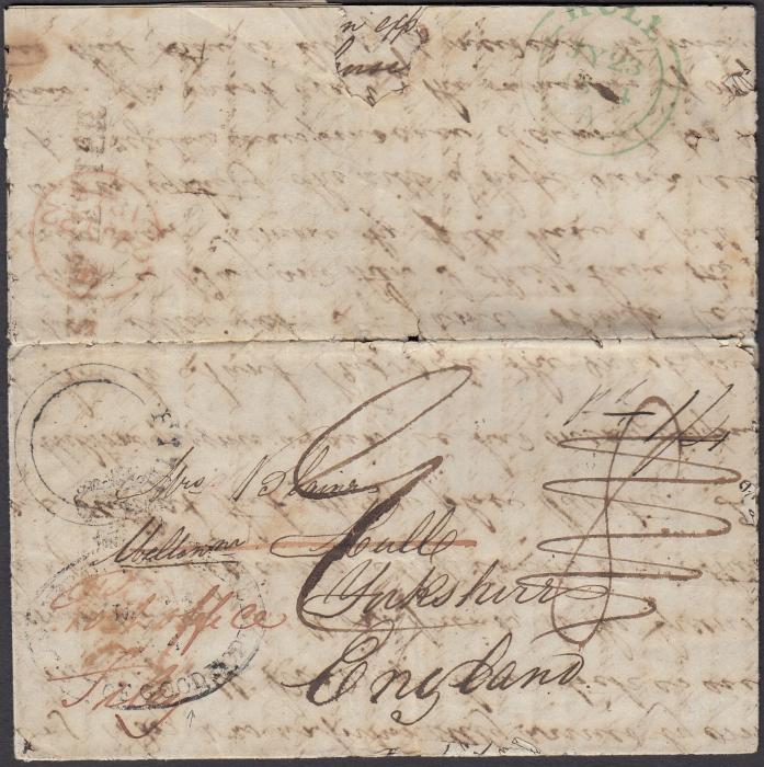SOUTH AFRICA 1844 long cross-written entire from Spring Grove to Yorkshire bearing various manuscript rate markings, crown framed oval CAPE OF GOOD HOPE date stamp, re-directed upon arrival to 