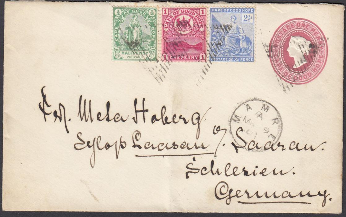 SOUTH AFRICA (Cape of Good Hope) 1901 1d postal stationery envelope to Germany additionally franked ½d, 1d and 2½d tied triangular handstamps with MAMRE cds in association below; arrival backstamp.