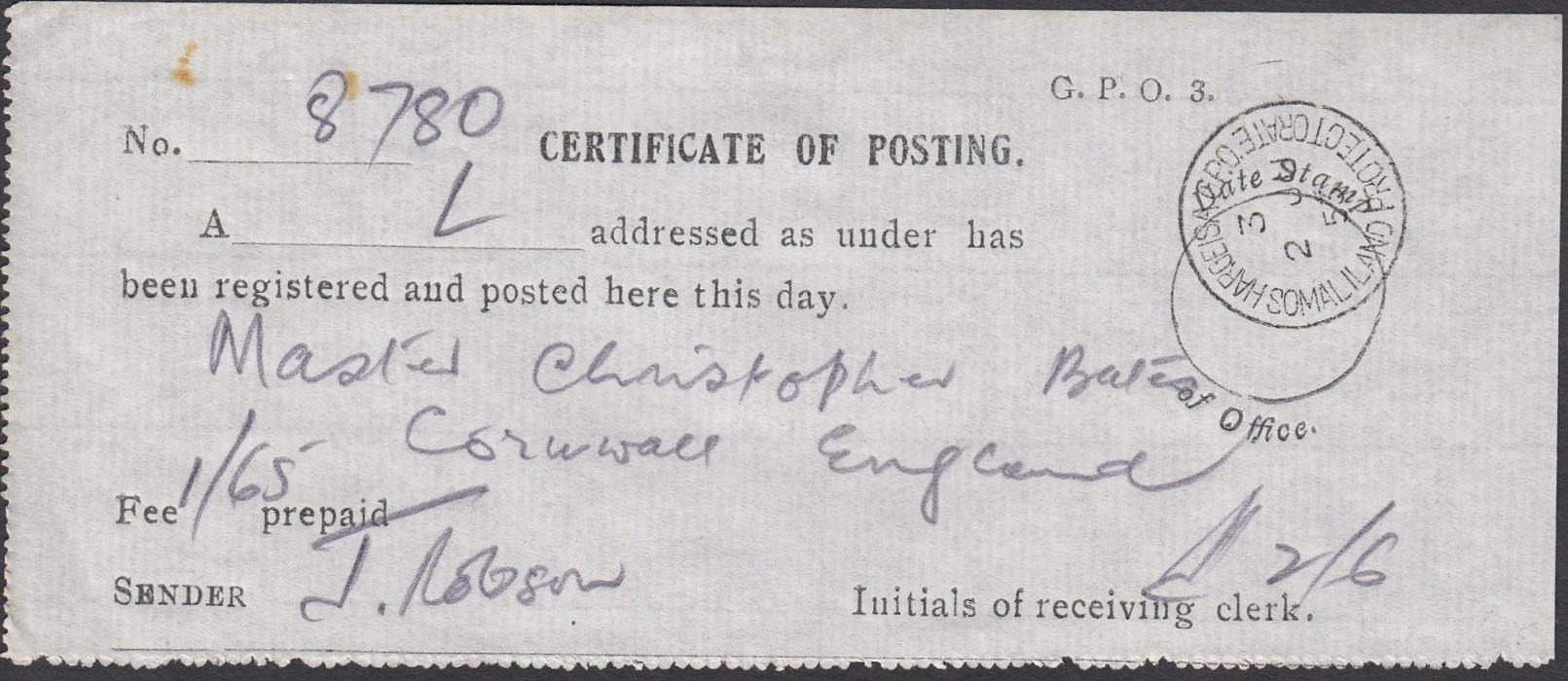 SOMALILAND PROTECTORATE 1953 Certificate of Posting form for registered item to Cornwall, England, cancelled HARGEISA G.P.O. cds; good quality.